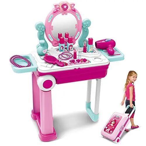 Gilli Beauty Makeup Kit for Doll Girls Cosmetic Set 2 in 1 Vanity Table Portable Trolley Pretend Play Set Toy with Make up Accessories for Kids Plastic (Pink)