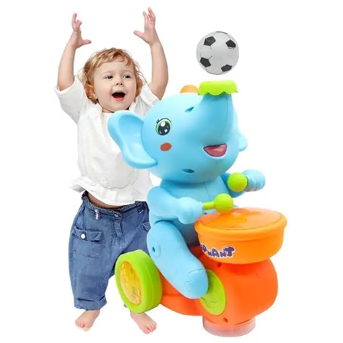 Gilli Musical Walking Elephant Drummer Toy with Flashing Light & Amazing Sound Toy for Kids Boys and Girls Beating Drum Blowing Ball Toy (Colour as per stock)