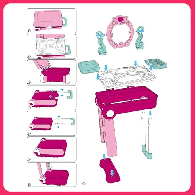 Gilli Beauty Makeup Kit for Doll Girls Cosmetic Set 2 in 1 Vanity Table Portable Trolley Pretend Play Set Toy with Make up Accessories for Kids Plastic (Pink)