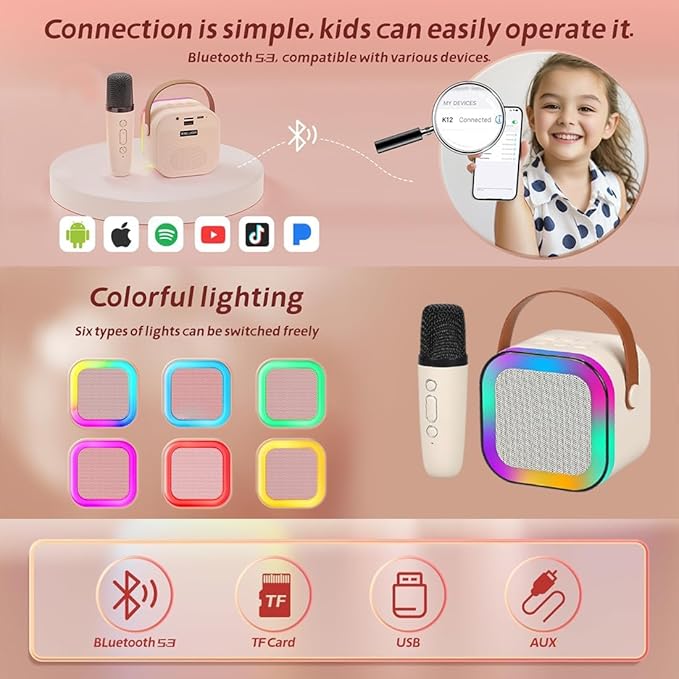 Karaoke Machine for Kids Adults Mini Portable Bluetooth Karaoke Speaker with Wireless Mic for Singing and Dynamic Lights Mic for Music Toys, House Parties, Christmas, Birthday Gifts for Girls & Boys (Multicolour)