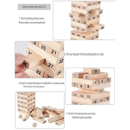 Gilli Wooden Blocks 54 Pcs Challenging Wooden Tumbling Tower, Toys with 4 Dices Educational Puzzle Game