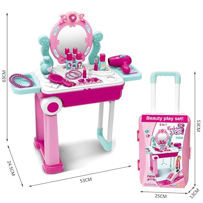 Gilli Beauty Makeup Kit for Doll Girls Cosmetic Set 2 in 1 Vanity Table Portable Trolley Pretend Play Set Toy with Make up Accessories for Kids Plastic (Pink)