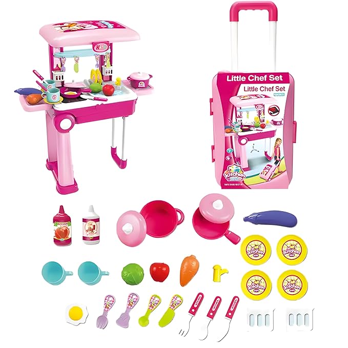 Gilli Premium Cooking  Little Chef Set for Young Chefs: Complete Kitchen Portable Trolley with Light & Sound – Imaginative Pretend Play Adventure for Girls with Battery-Operated Fun