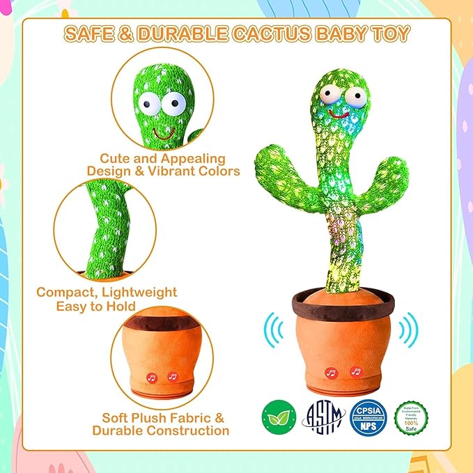 Rechargeable Toys Talking Cactus Baby Toys for Kids Dancing Cactus Toys Can Sing Wriggle & Singing Recording Repeat What You Say Funny Education Toys for Children Playing Home Decor for Kids