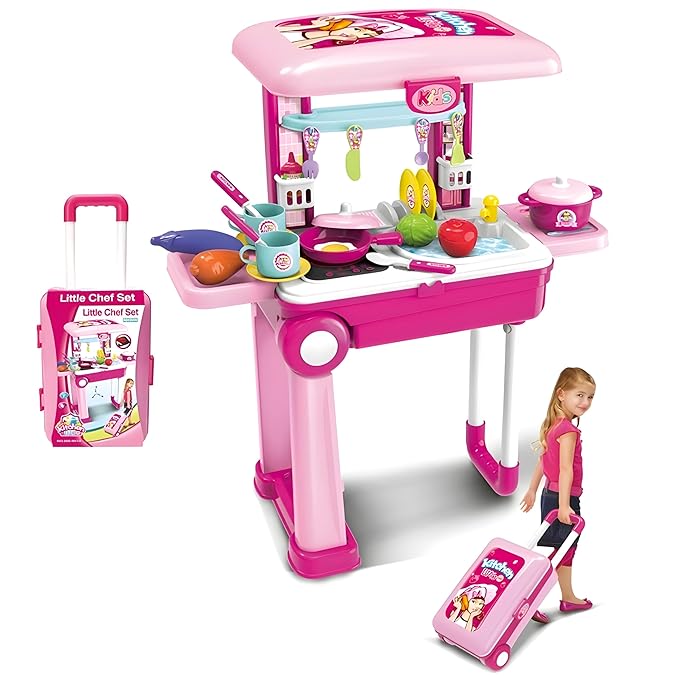 Gilli Premium Cooking  Little Chef Set for Young Chefs: Complete Kitchen Portable Trolley with Light & Sound – Imaginative Pretend Play Adventure for Girls with Battery-Operated Fun